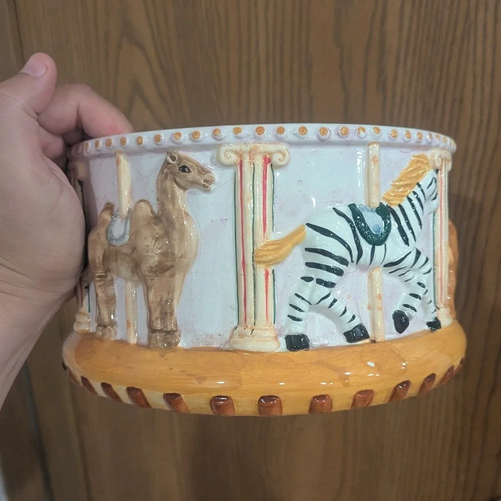 VTG Corning Factory Ceramic Carousel Cookie Jar Zebra CamelOstrich Giraffe Horse